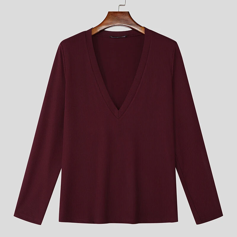 (image for) INCERUN Mens Striped Long Sleeve T-Shirt Knitted Solid Color Fashion Big V-neck Tshirt for Male S-5XL