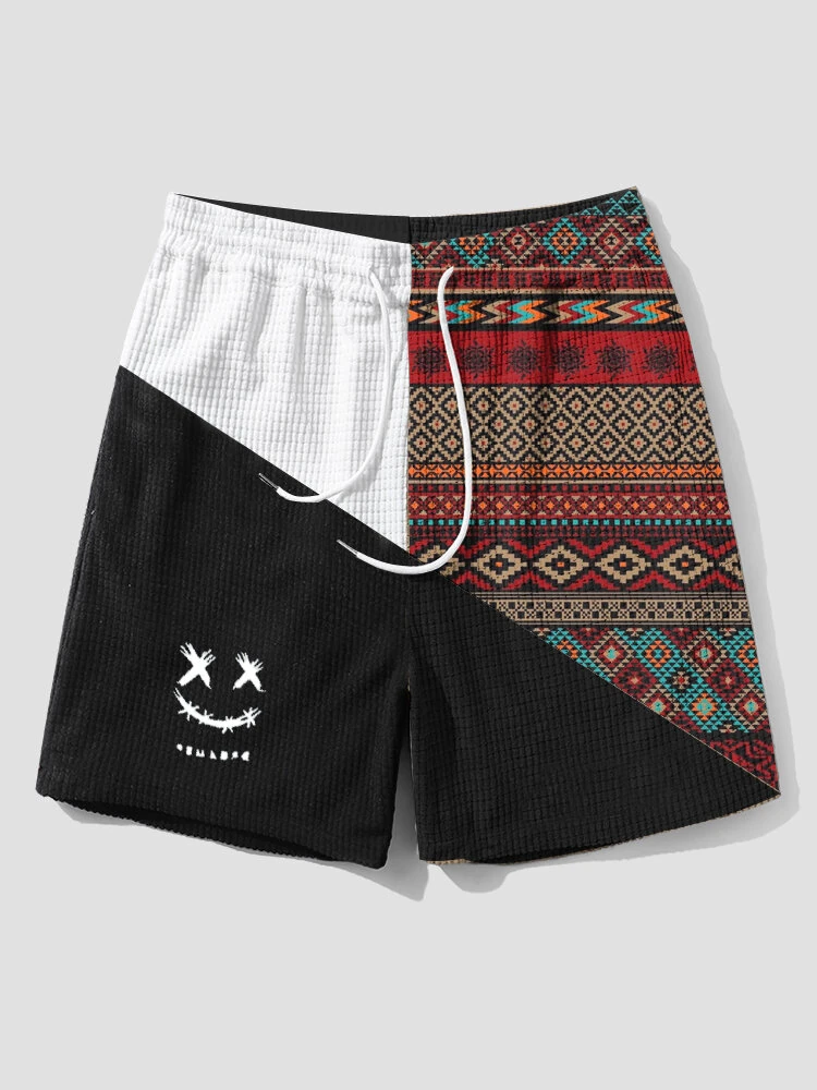 (image for) Mens Ethnic Geometric Funny Face Pattern Patchwork Corduroy Shorts