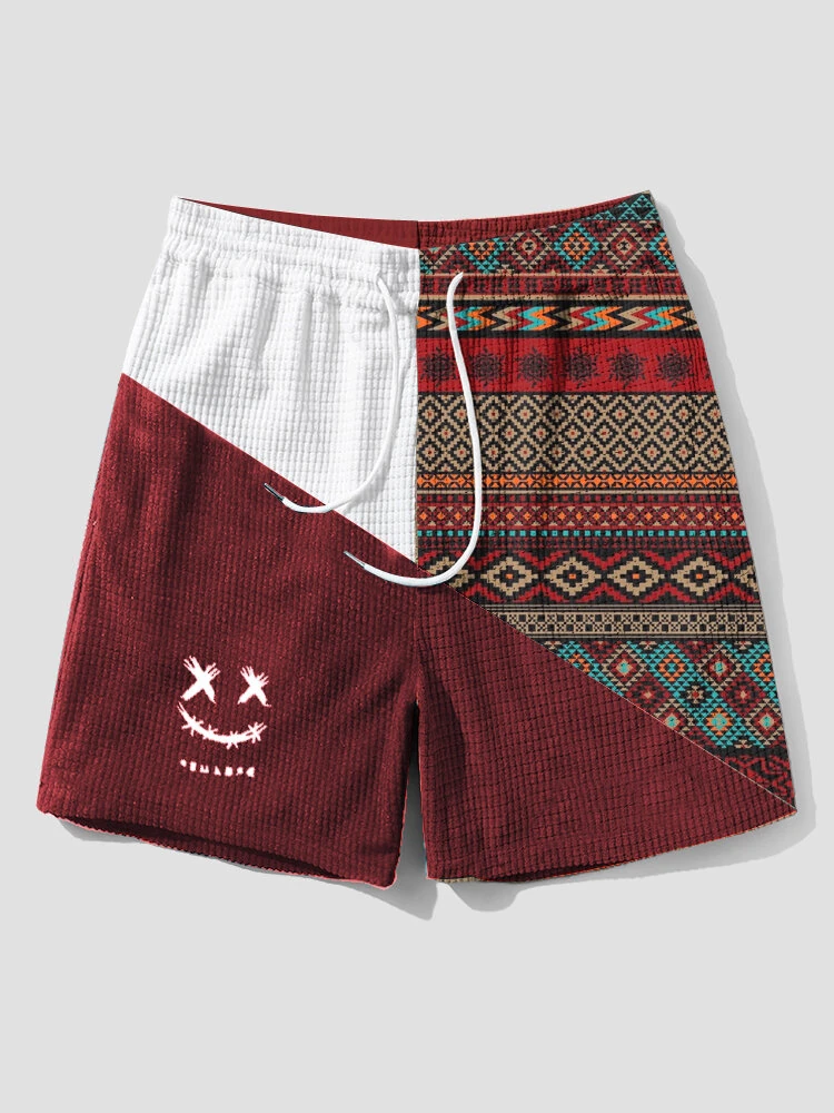 (image for) Mens Ethnic Geometric Funny Face Pattern Patchwork Corduroy Shorts